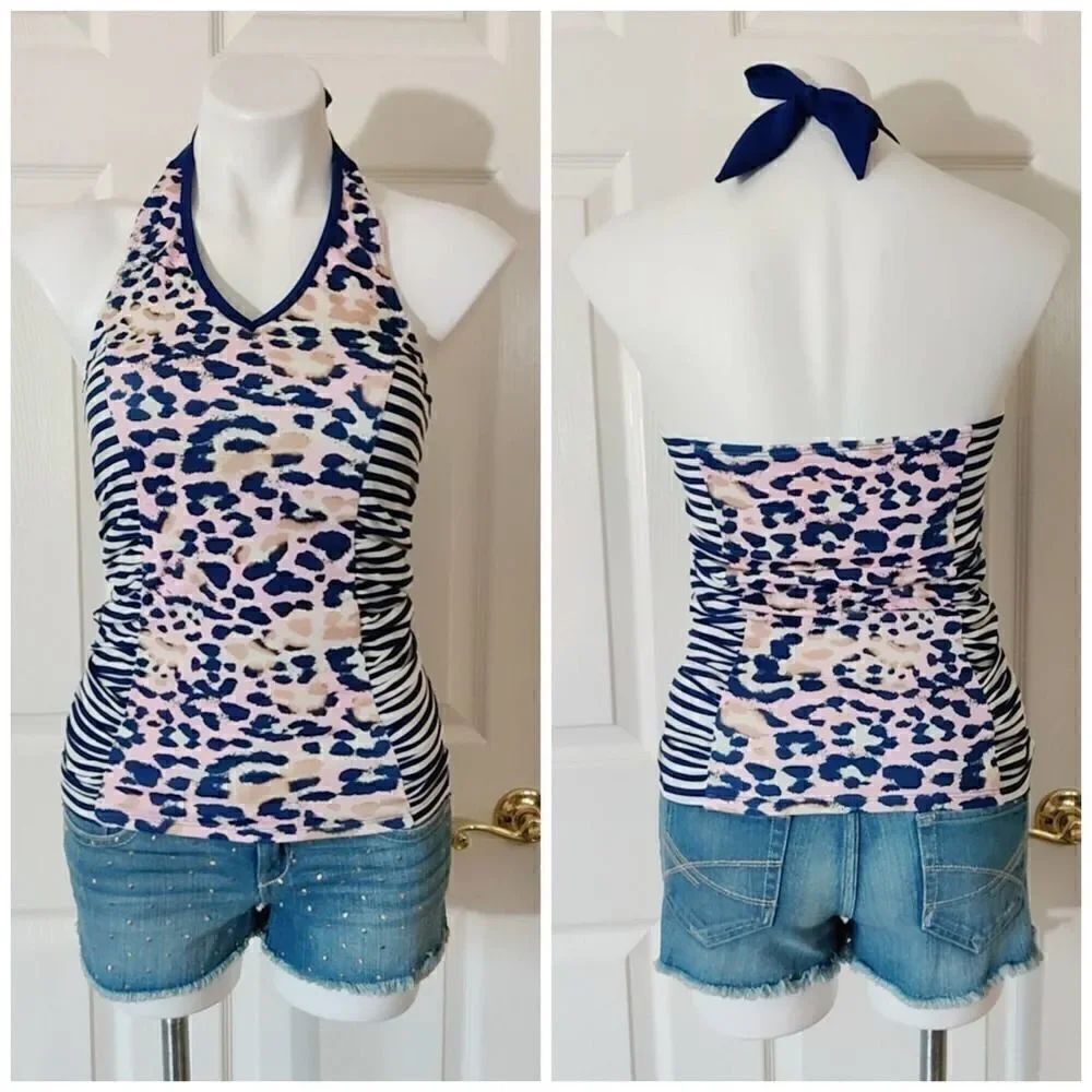 Lime Ricki halter animal striped tankini top sz S